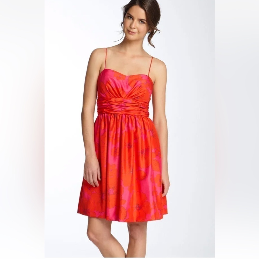 Eliza J Floral Cocktail Fit and‎ Flare Hot Pink Red Pleated Mini Dress Size 6